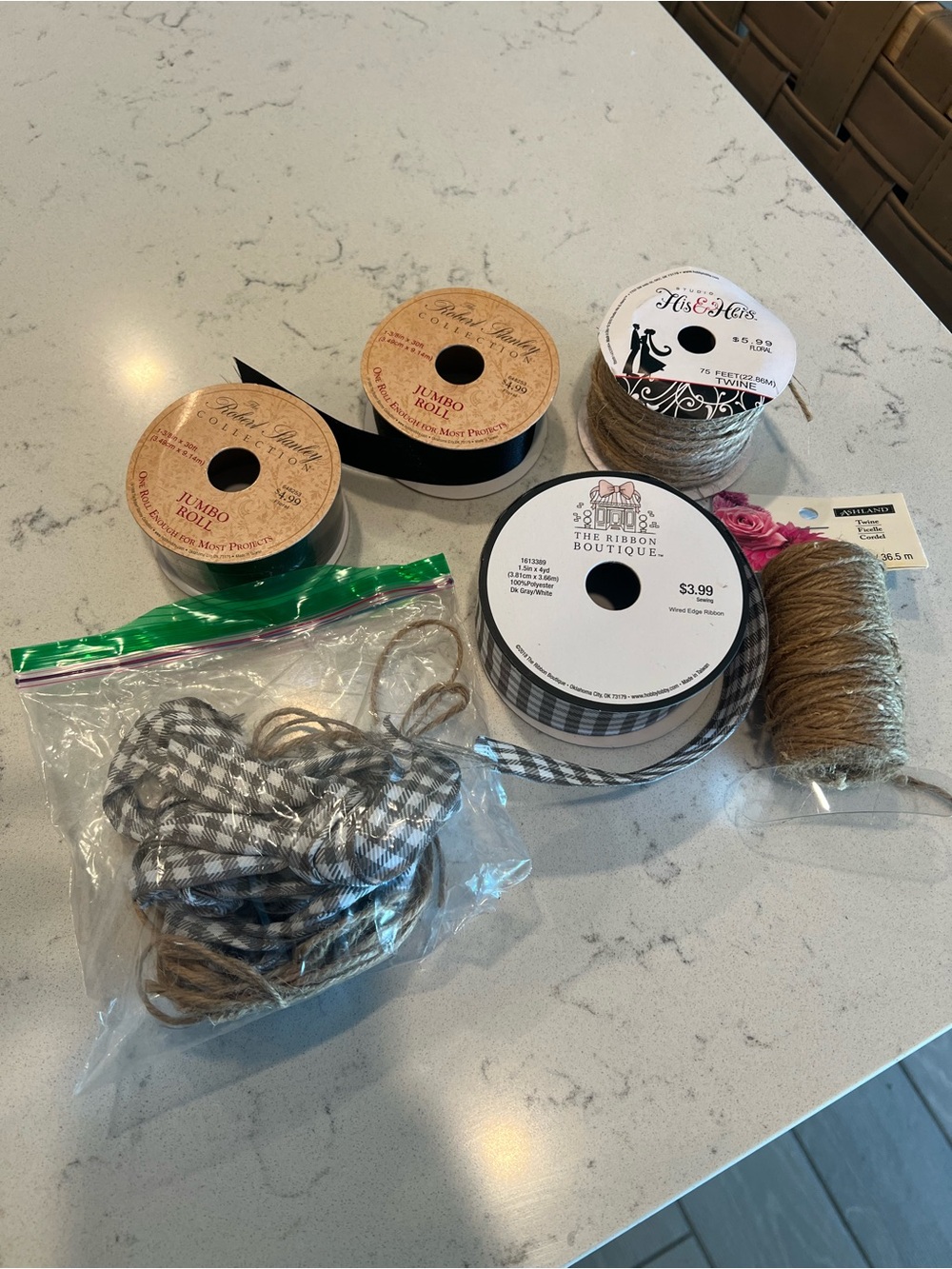 Assorted Black Ribbon, Gray Gingham Ribbon and Twine Bundle